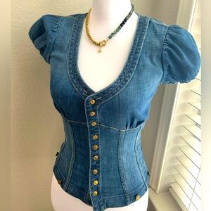 RARE Bebe Denim Jean Corset Bustier Plunging Puff Sleeve Top 26 XS Y2K